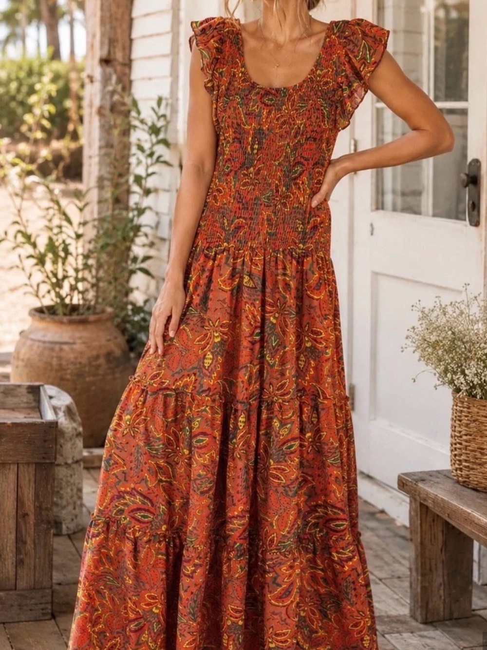 Melloday Bohemian Orange Floral Maxi Dress